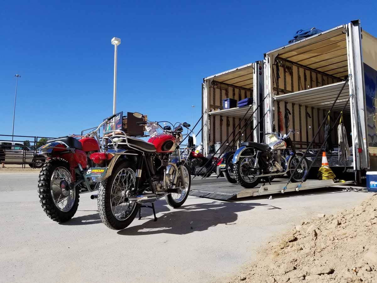 Vintage motorcycles waiting to be loaded into the HAULBIKES trailers